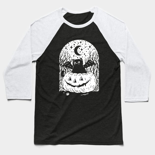 Cat with bat wings in a jack o lantern Baseball T-Shirt by popcornpunk